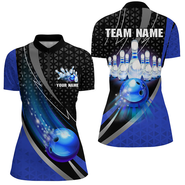 Black and Blue Bowling Camo Polo, 1/4 Zip Shirt for Women Custom Team Bowling jerseys, Bowler Outfit NQS8873