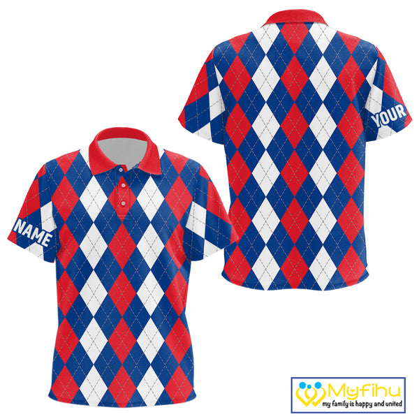 Kid golf polo shirts custom red, white and blue argyle plaid pattern golf attire for kid NQS9847