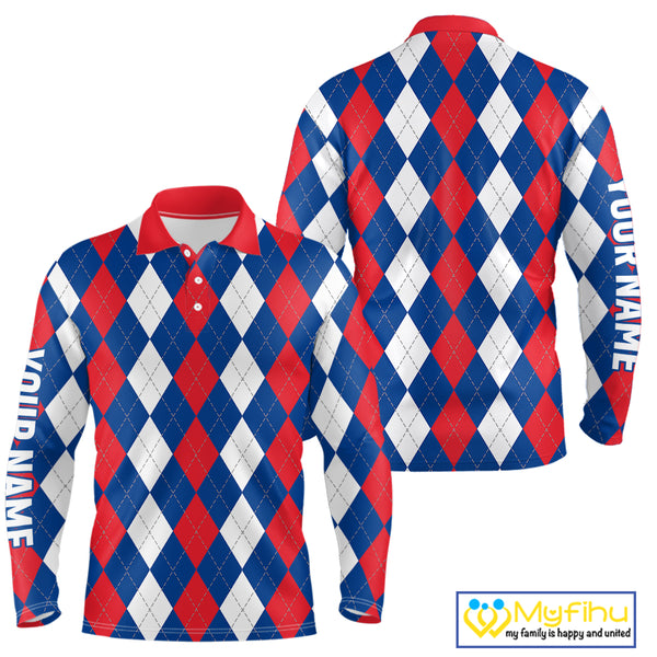 Mens golf polo shirt custom red, white and blue argyle plaid pattern golf attire for men NQS9847