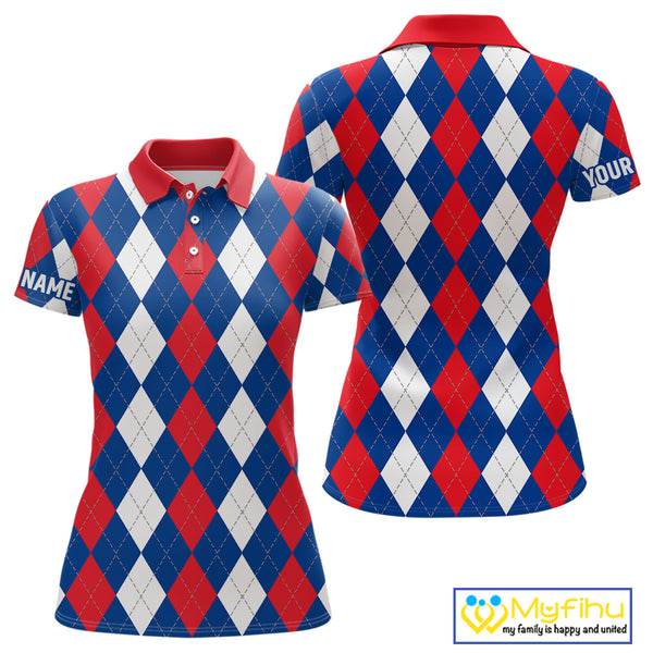 Women golf polo shirt custom red, white and blue argyle plaid pattern golf attire for ladies NQS9847