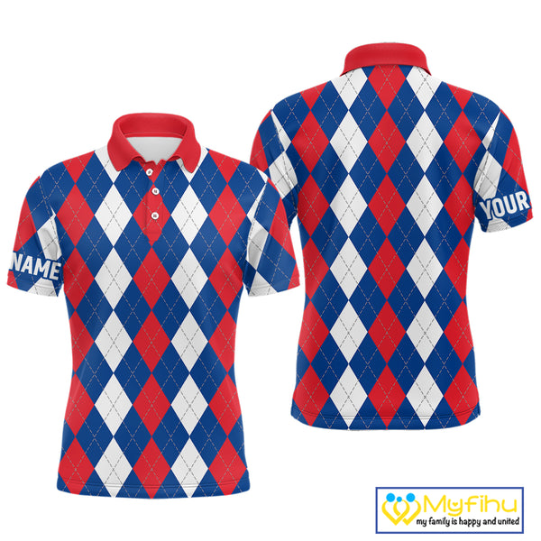 Mens golf polo shirt custom red, white and blue argyle plaid pattern golf attire for men NQS9847
