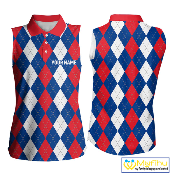 Women sleeveless polo shirt custom red, white and blue argyle plaid pattern golf attire for ladies NQS9847