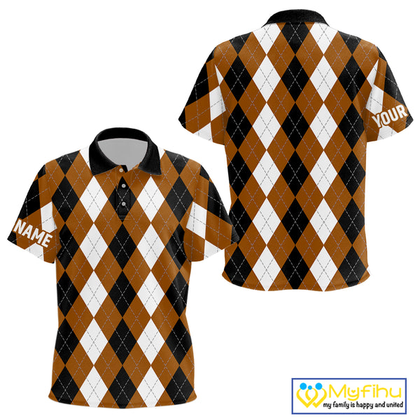 Kid golf polo shirts custom brown argyle plaid pattern golf attire for kid NQS9848