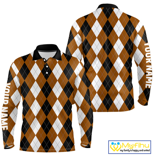 Mens golf polo shirt custom brown argyle plaid pattern golf attire for men NQS9848