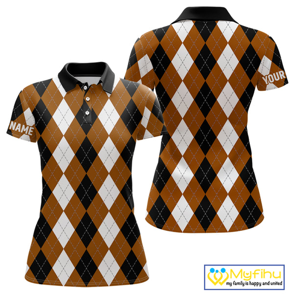 Women golf polo shirt custom brown argyle plaid pattern golf attire for ladies NQS9848