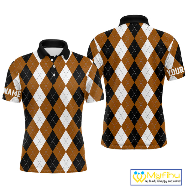Mens golf polo shirt custom brown argyle plaid pattern golf attire for men NQS9848