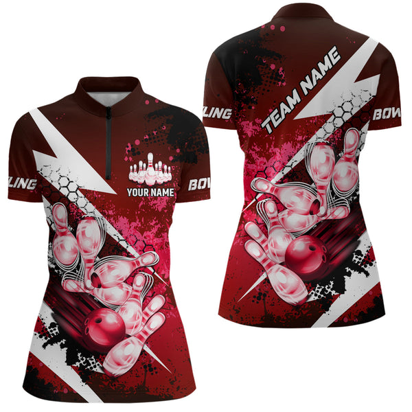 Red grunge lightning Bowling Polo, Quarter Zip shirt For Women Custom Team Bowling Jerseys NQS8660
