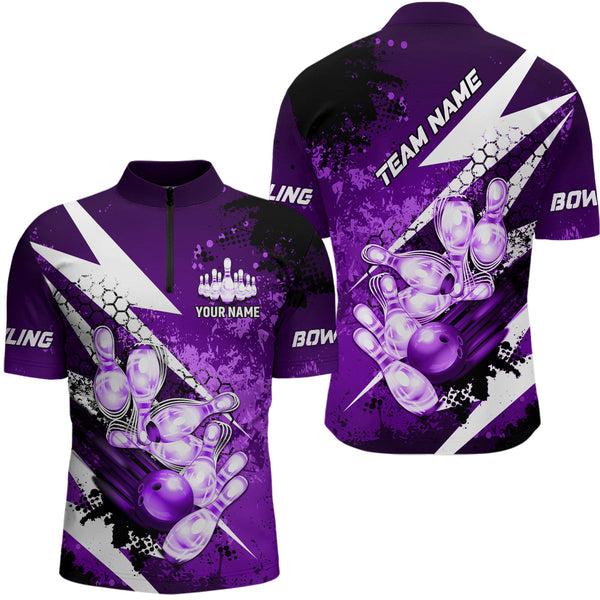 Purple grunge lightning Bowling Polo, Quarter Zip shirt For Men Custom Team Bowling Jersey NQS8661