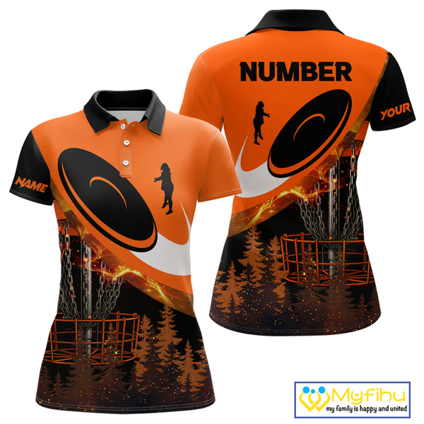 Black and Orange Women Disc golf polo shirts Custom Disc Golf basket forest tree, Disc Golfer Gift NQS10820
