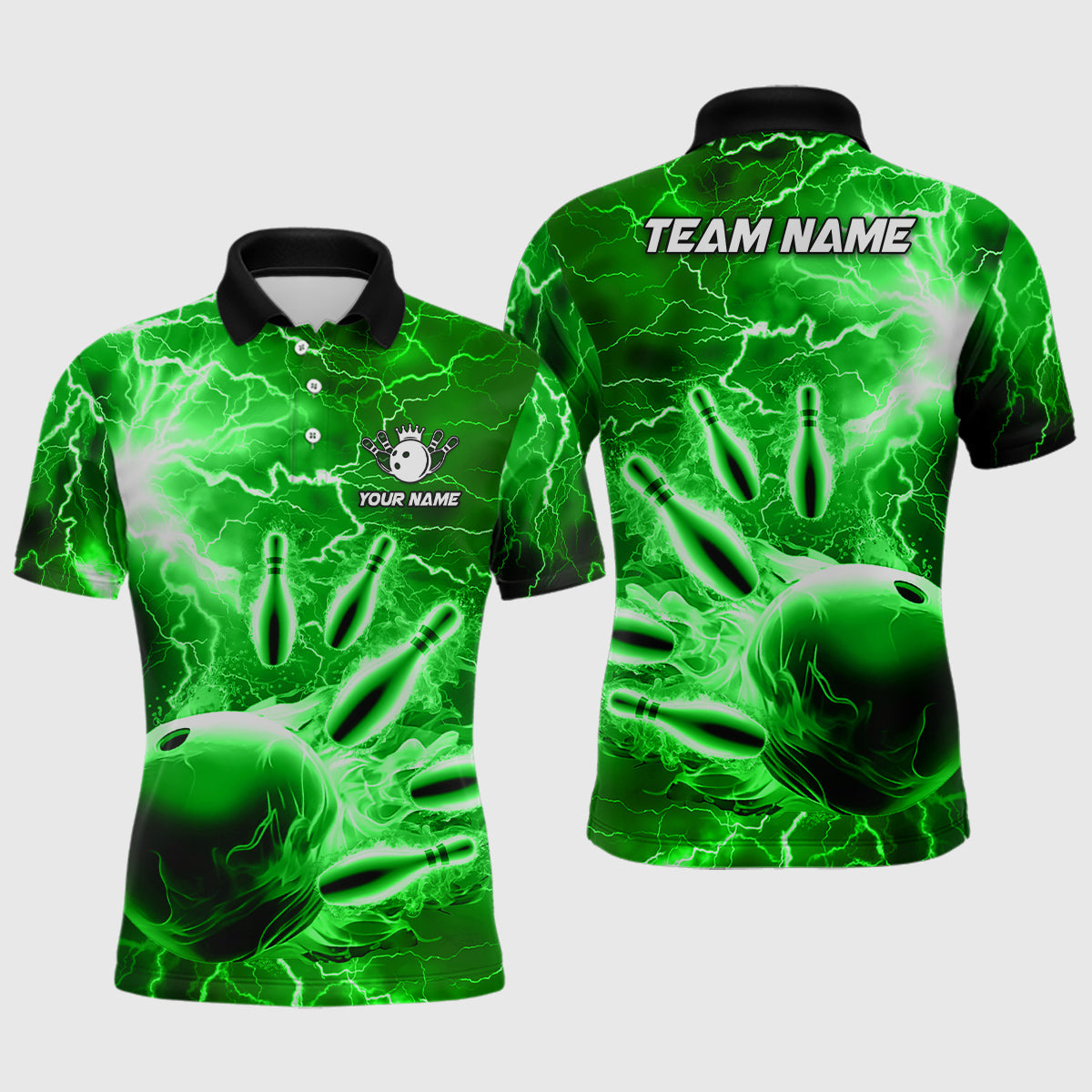 Mens polo bowling shirts Custom green lightning thunder Bowling Team Jersey, gift for team Bowlers NQS7143