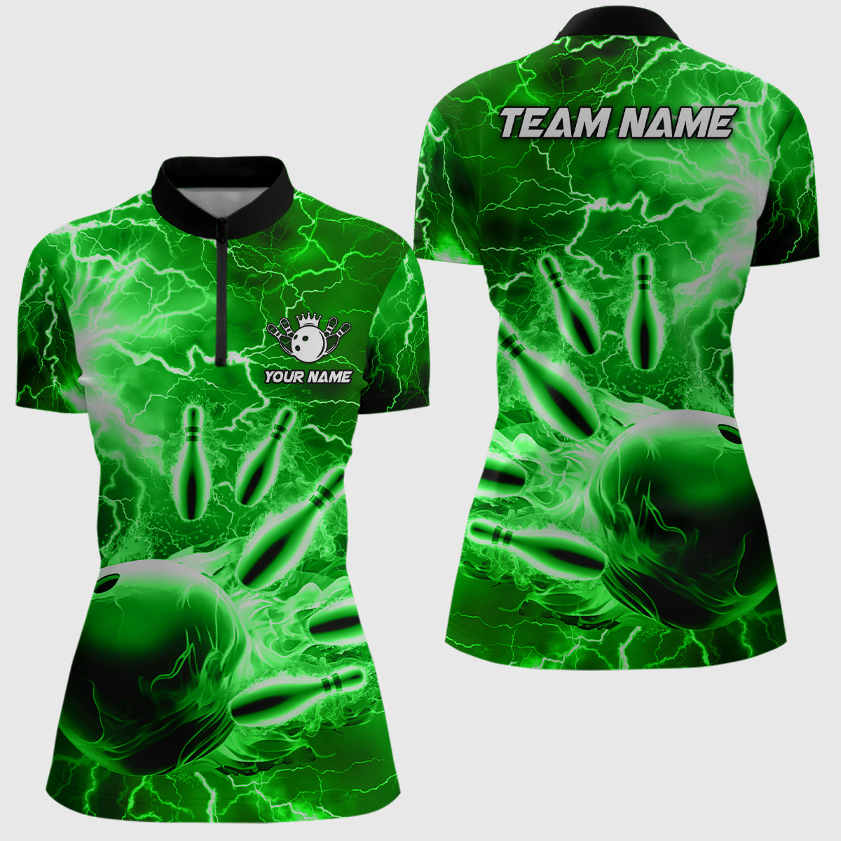 Womens bowling Quarter Zip shirt Custom green lightning thunder Bowling Team Jersey, gift for Bowlers NQS7143