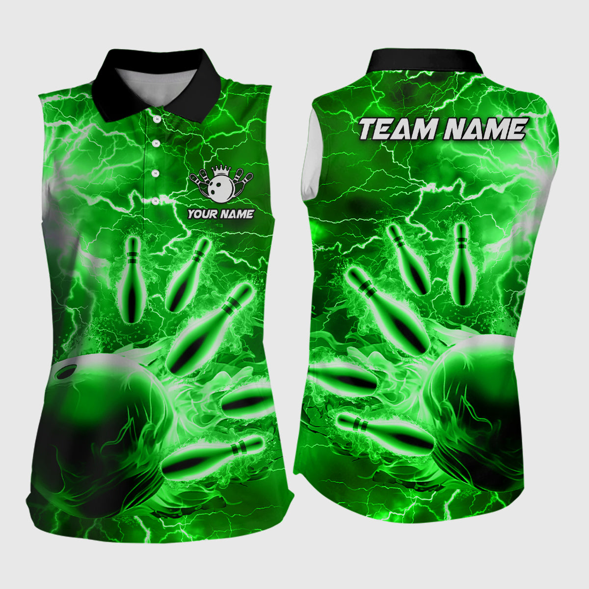 Womens bowling sleeveless polo shirts Custom green lightning thunder Bowling Team Jerseys NQS7143