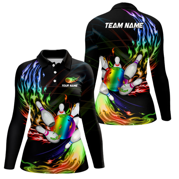 Womens bowling polo shirts Custom Rainbow flame Bowling ball and pins Team league bowler Jersey NQS6807