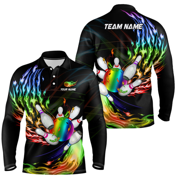 Mens polo bowling shirts Custom Rainbow flame Bowling ball and pins Team league bowler Jersey NQS6807