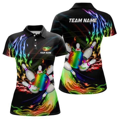 Womens bowling polo shirts Custom Rainbow flame Bowling ball and pins Team league bowler Jersey NQS6807