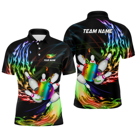 Mens polo bowling shirts Custom Rainbow flame Bowling ball and pins Team league bowler Jersey NQS6807