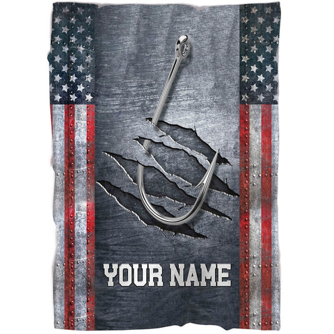 Personalized American flag fish hook Fishing Fleece Blanket, Gifts For Fisherman NQS7004