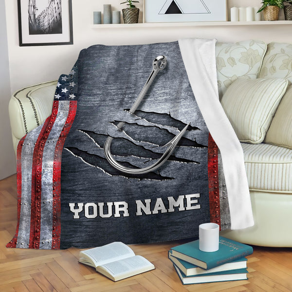 Personalized American flag fish hook Fishing Fleece Blanket, Gifts For Fisherman NQS7004