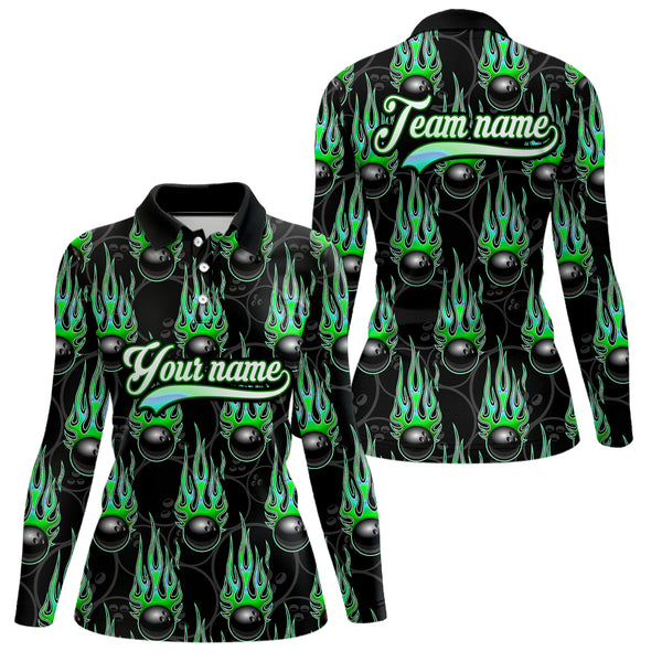 Black Bowling Ball Camo Green Flame Bowling Polo, 1/4 Zip Shirt for Women Custom Bowling Team Jersey NQS9479