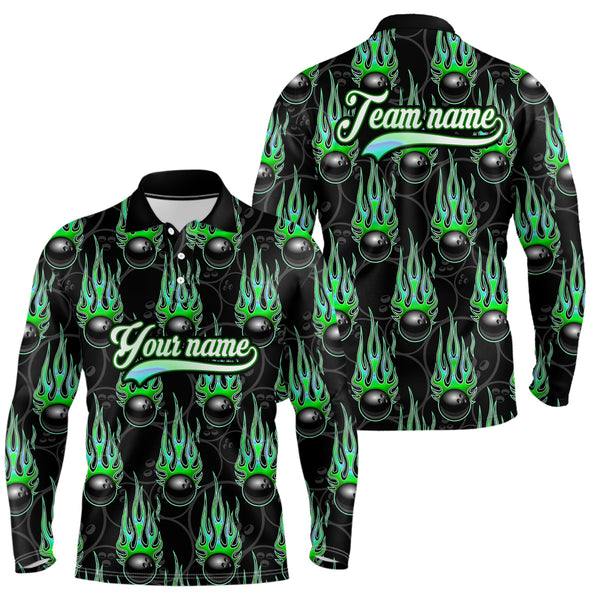 Black Bowling Ball Camo Green Flame Bowling Polo, 1/4 Zip Shirt for Men Custom Bowling Team Jersey NQS9479