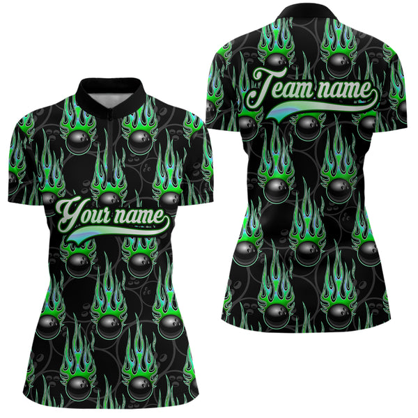 Black Bowling Ball Camo Green Flame Bowling Polo, 1/4 Zip Shirt for Women Custom Bowling Team Jersey NQS9479