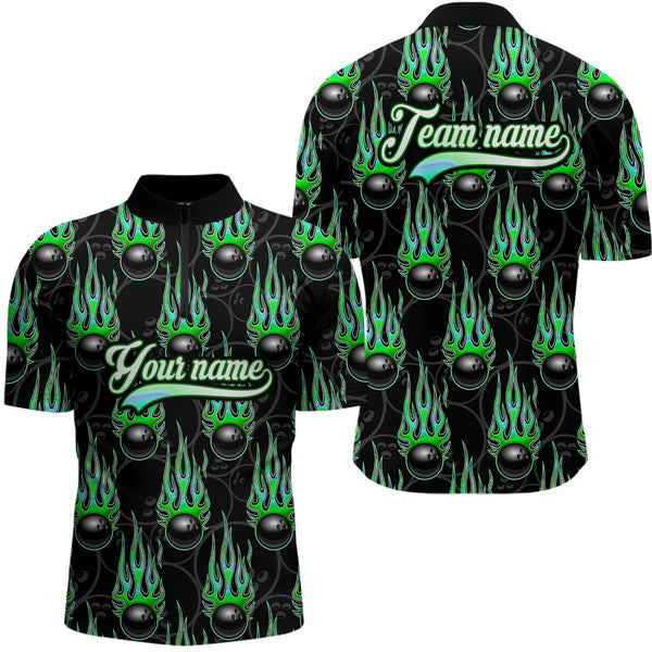 Black Bowling Ball Camo Green Flame Bowling Polo, 1/4 Zip Shirt for Men Custom Bowling Team Jersey NQS9479
