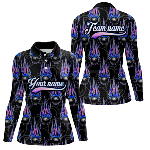 Black Bowling Ball Camo Blue Flame Bowling Polo, 1/4 Zip Shirt for Women Custom Bowling Team Jersey NQS9480