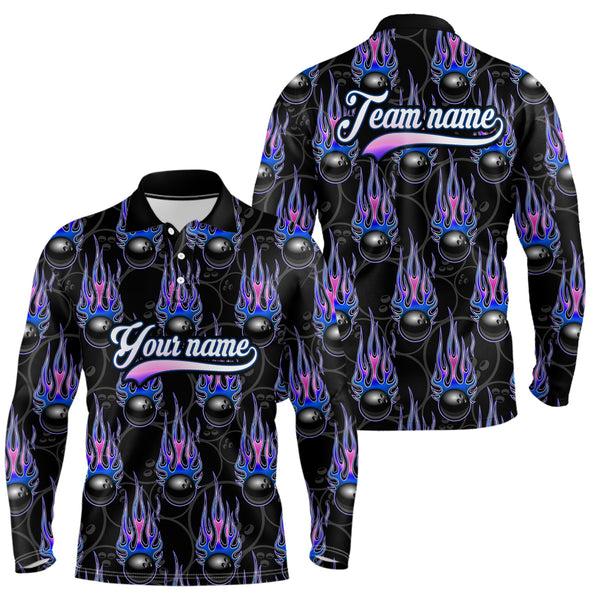 Black Bowling Ball Camo Blue Flame Bowling Polo, 1/4 Zip Shirt for Men Custom Bowling Team Jersey NQS9480