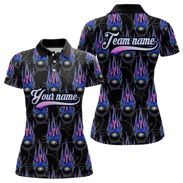 Black Bowling Ball Camo Blue Flame Bowling Polo, 1/4 Zip Shirt for Women Custom Bowling Team Jersey NQS9480