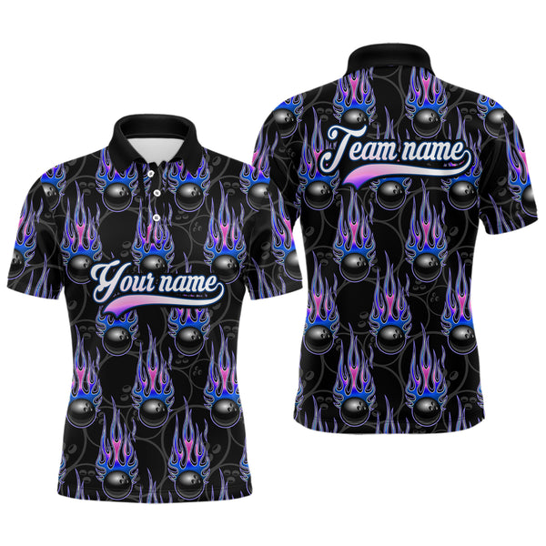 Black Bowling Ball Camo Blue Flame Bowling Polo, 1/4 Zip Shirt for Men Custom Bowling Team Jersey NQS9480