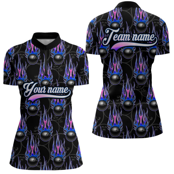 Black Bowling Ball Camo Blue Flame Bowling Polo, 1/4 Zip Shirt for Women Custom Bowling Team Jersey NQS9480