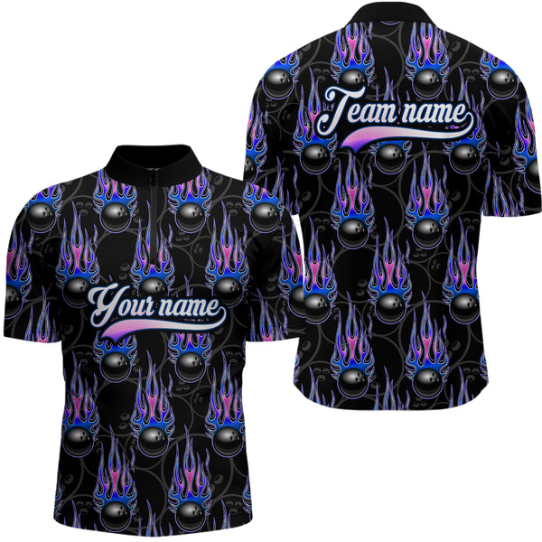 Black Bowling Ball Camo Blue Flame Bowling Polo, 1/4 Zip Shirt for Men Custom Bowling Team Jersey NQS9480