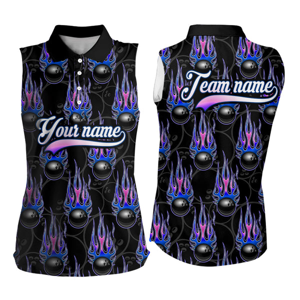 Black Bowling Ball Camo Blue Flame Women Bowling Sleeveless Polo Shirt Custom Bowling Team Jerseys NQS9480
