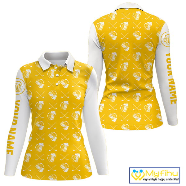 Yellow and white golf pattern Women Golf polo shirts custom name golf beer outfit ladies golf clothes NQS9855