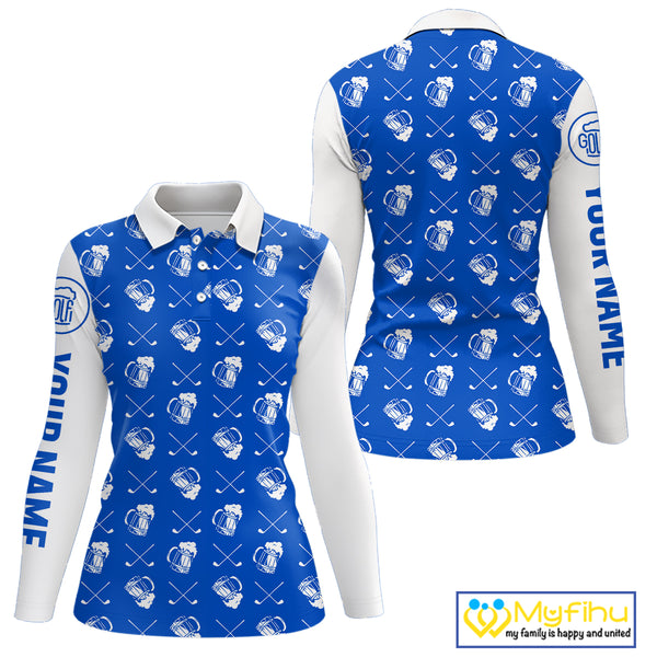 Blue and white golf pattern Women Golf polo shirts custom name golf beer outfit ladies golf clothes NQS9856