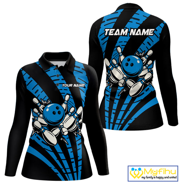 Custom Black and Blue camo Bowling Polo, Quarter Zip Shirt For Women Custom Team bowling jerseys NQS10608