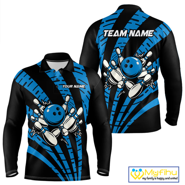 Custom Black and Blue camo Bowling Polo, Quarter Zip Shirt For Mens Custom Team bowling jerseys NQS10608