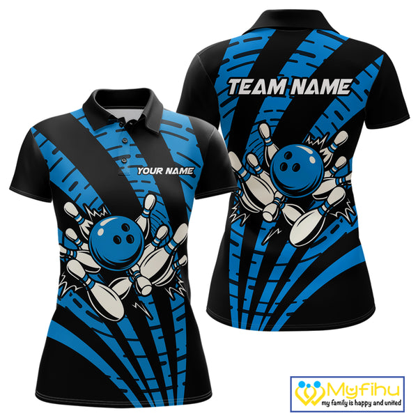Custom Black and Blue camo Bowling Polo, Quarter Zip Shirt For Women Custom Team bowling jerseys NQS10608