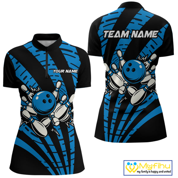 Custom Black and Blue camo Bowling Polo, Quarter Zip Shirt For Women Custom Team bowling jerseys NQS10608