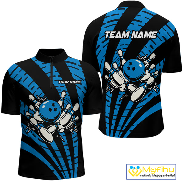 Custom Black and Blue camo Bowling Polo, Quarter Zip Shirt For Mens Custom Team bowling jerseys NQS10608