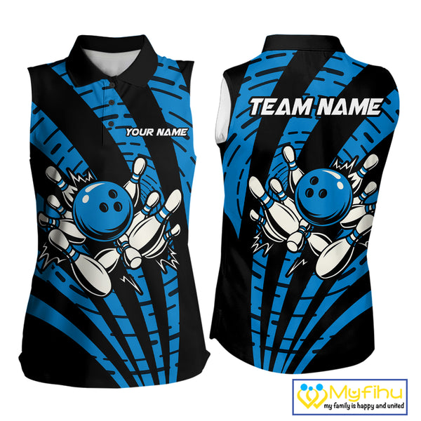 Custom Black and Blue camo Bowling Sleeveless Polo Shirt For Women Custom Team bowling jerseys NQS10608