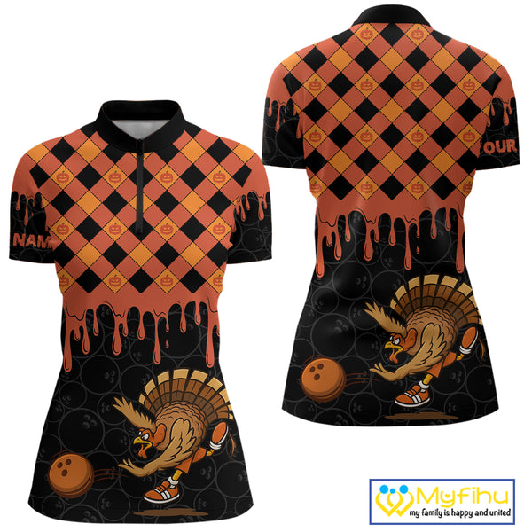 Funny Bowling Turkey Thanksgiving Womens Bowling Shirt Orange Pumpkin Custom Team Bowling Jersey NQS10840
