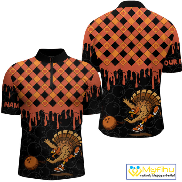 Funny Bowling Turkey Thanksgiving Mens Bowling Shirt Orange Pumpkin Custom Team Bowling Jersey NQS10840