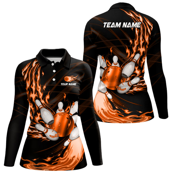 Black Womens bowling shirts Custom Orange flame Bowling ball and pins Team league bowler Jerseys NQS9135