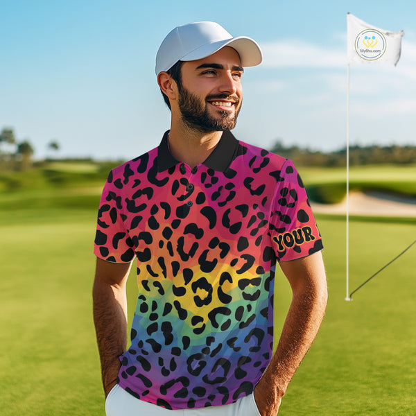 Custom Colorful rainbow pattern Mens golf polo shirt, Personalized animal print golf shirt outfit NQS10405