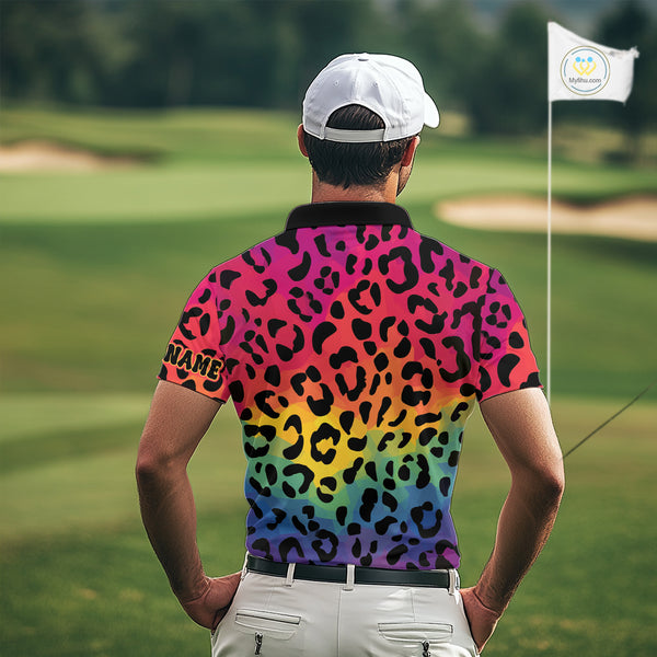 Custom Colorful rainbow pattern Mens golf polo shirt, Personalized animal print golf shirt outfit NQS10405