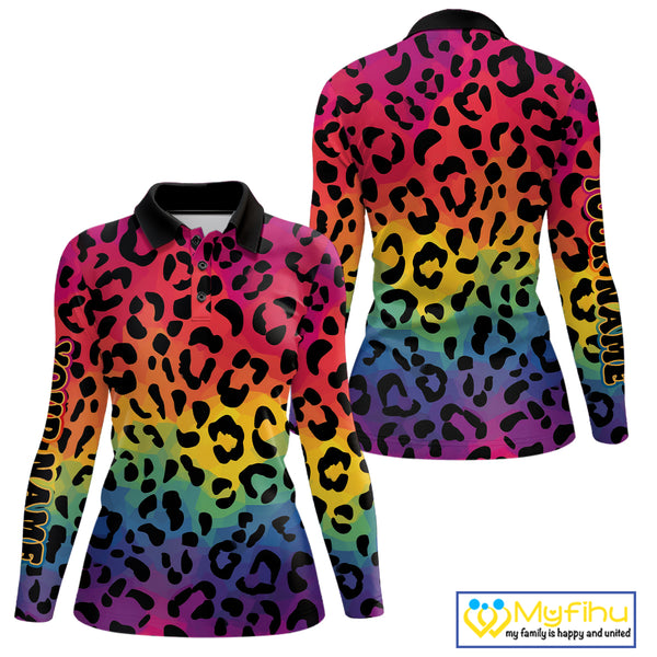Custom Colorful rainbow pattern Women golf polo shirt, Personalized animal print golf shirt outfit NQS10405