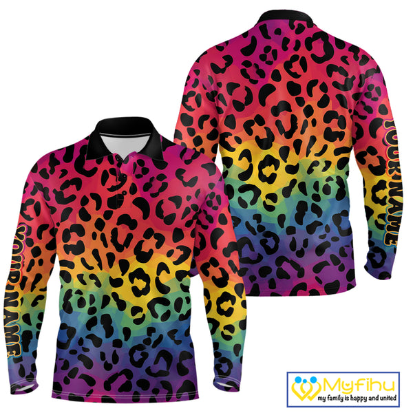 Custom Colorful rainbow pattern Mens golf polo shirt, Personalized animal print golf shirt outfit NQS10405