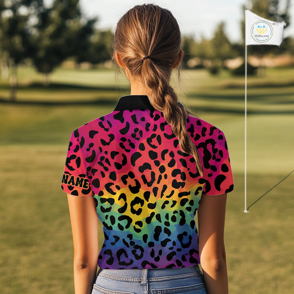 Custom Colorful rainbow pattern Women golf polo shirt, Personalized animal print golf shirt outfit NQS10405