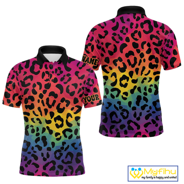 Custom Colorful rainbow pattern Mens golf polo shirt, Personalized animal print golf shirt outfit NQS10405